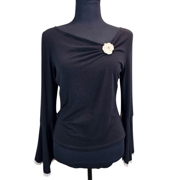 Vintage Y2K Black Knit Top MP Flared Sleeves Rosette Flower Balletcore Soft Girl - Picture 2 of 16